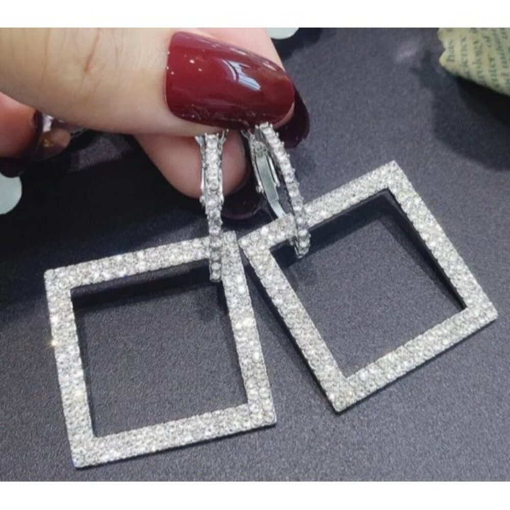 2/$24 Square Rhinestone Drop Earrings In Silver Tone